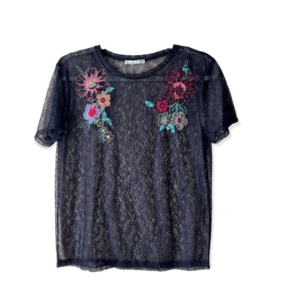 Zara Navy Floral Embroidered Mesh T-Shirt Size S - Picture 1 of 5